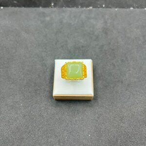 Square Green Jade Gold Ring - size 8.25